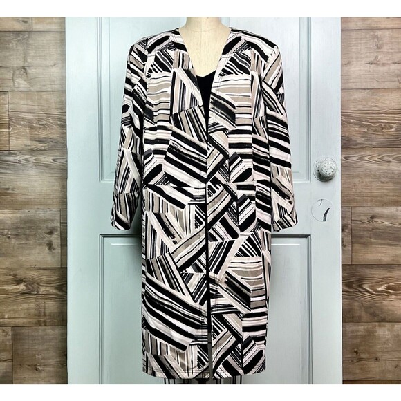 Ottoman Style Jacket by Kasper Elongated Geometric Abstract Print Black Taupe 2X - Picture 1 of 10